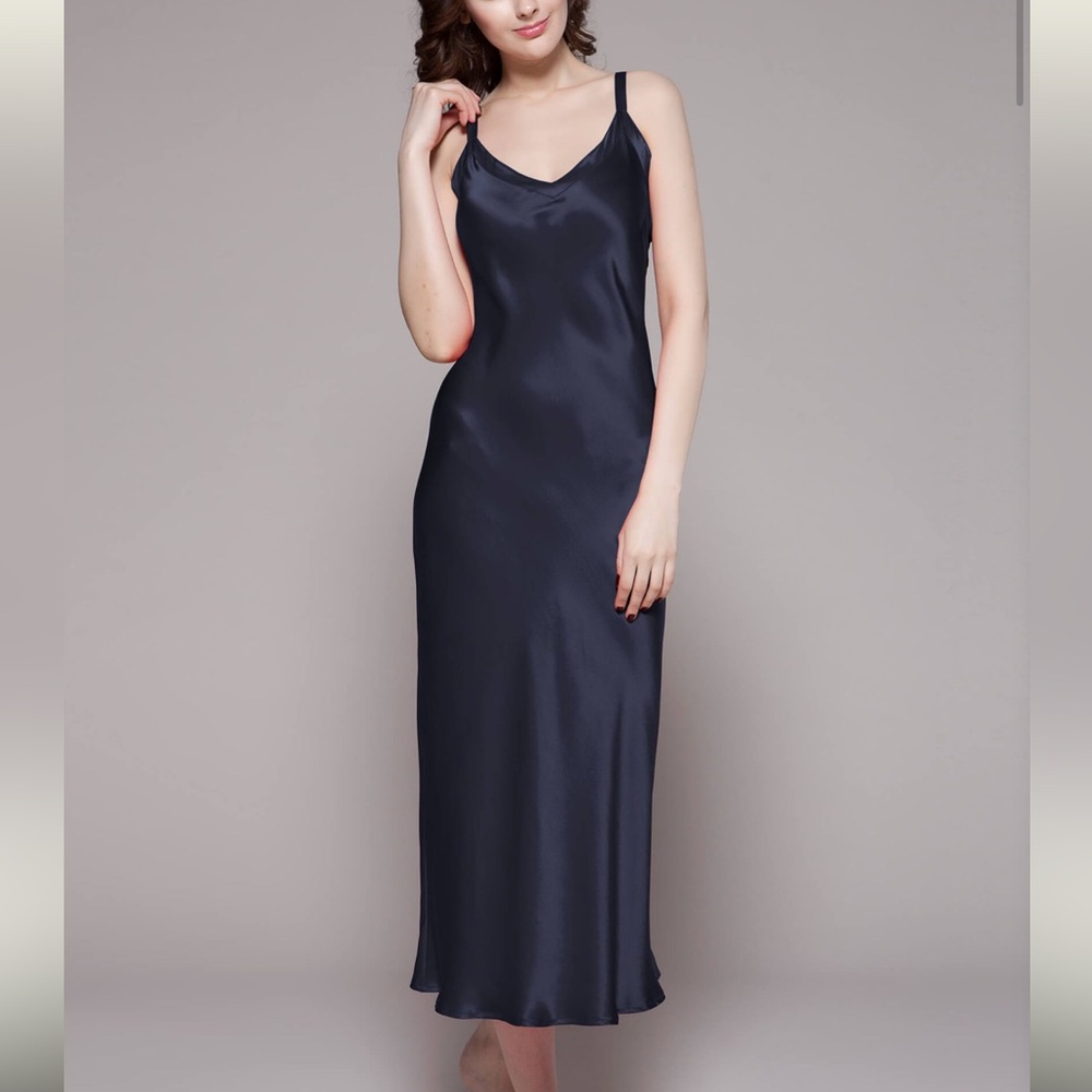 Sleek Midnight Blue Satin Slip Dress